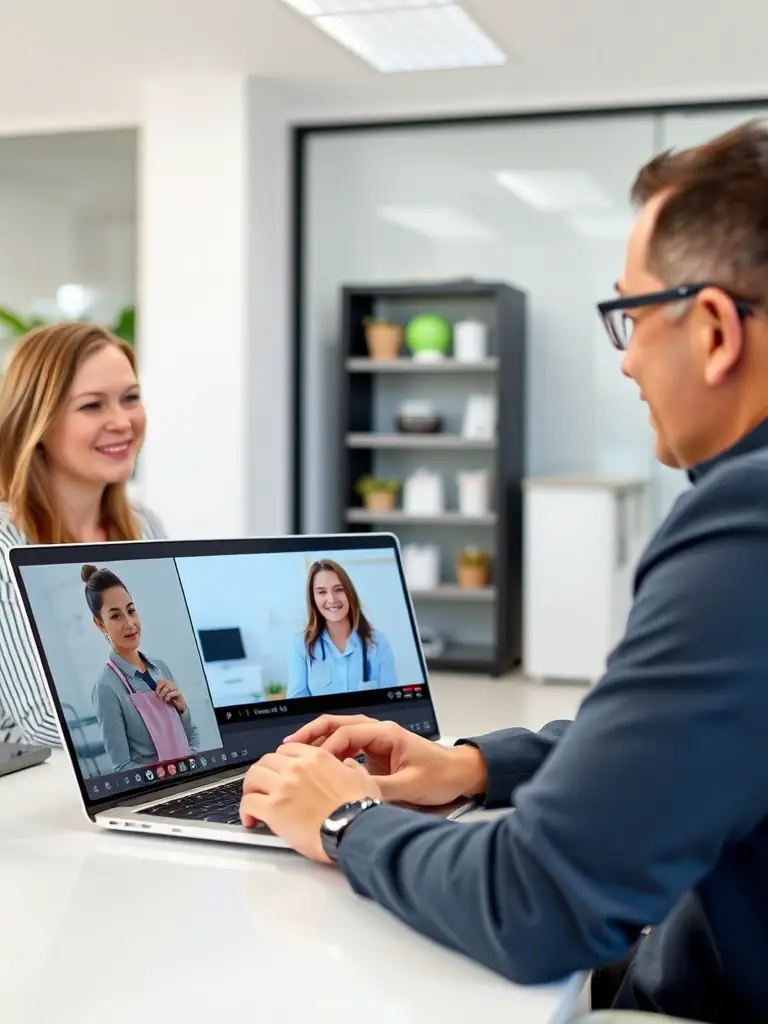 An employer conducting a video interview with a potential housekeeping candidate through the Zoker Epha Housekeeping platform, showcasing the convenience of remote interviews.