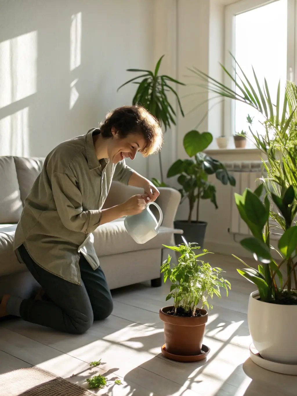 A person taking care of plants in a home, representing a caretaker role.