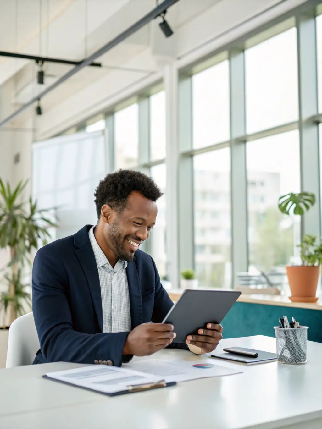 A professional employer using the Zoker Epha Housekeeping platform to review candidate profiles on a tablet, with a clean and modern office environment in the background.