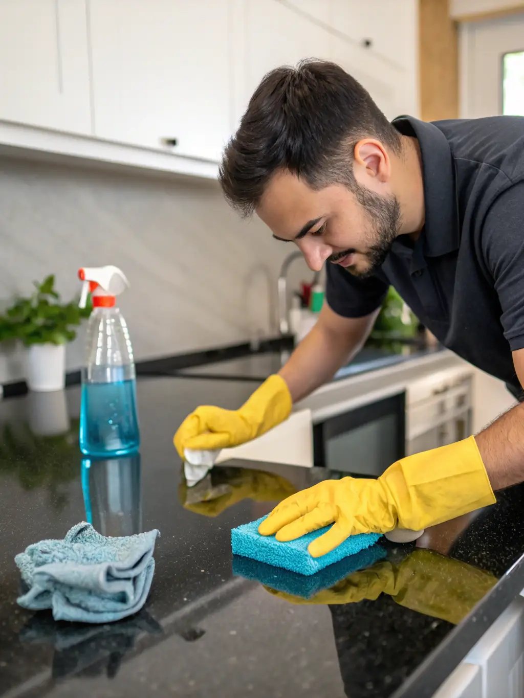 A person cleaning a modern kitchen counter with a spray and a cloth, showcasing a house cleaner role.