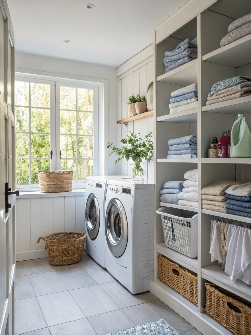 A person ironing clothes in a well-lit laundry room, representing a maid role.