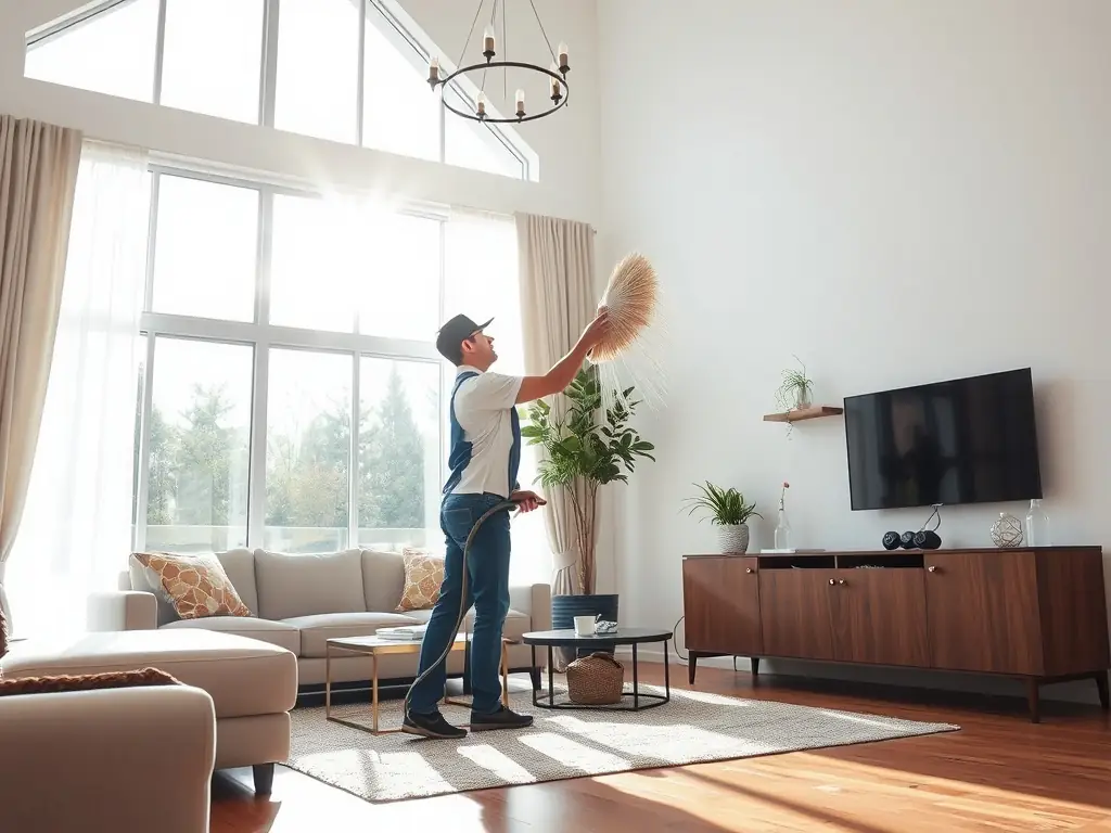 A professional house cleaner is carefully dusting shelves in a modern living room, showcasing attention to detail and cleanliness.