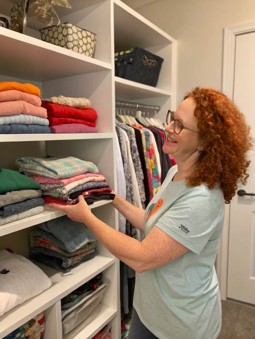 A person organizing items in a closet, demonstrating an organizer role.