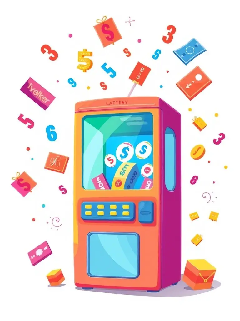 An illustration of a digital lottery machine dispensing gift cards, with numbers and symbols related to typing games floating around it.