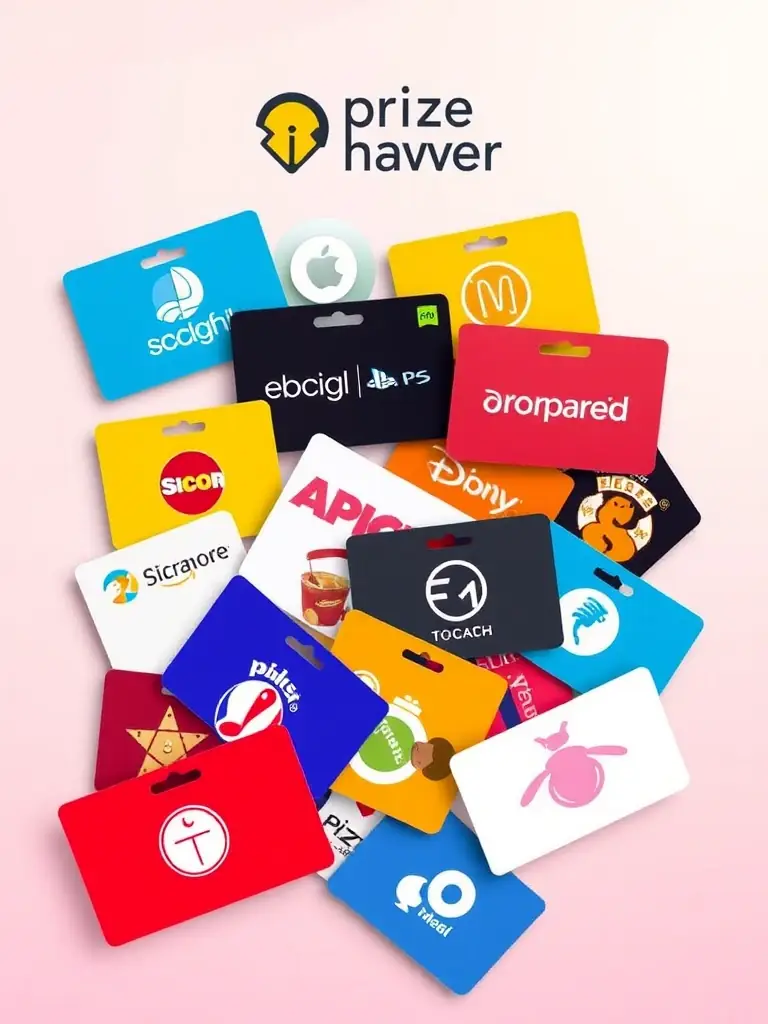 A vibrant image showcasing various gift cards from popular brands, arranged in a visually appealing manner, with the Prize Haven logo subtly placed in the background.