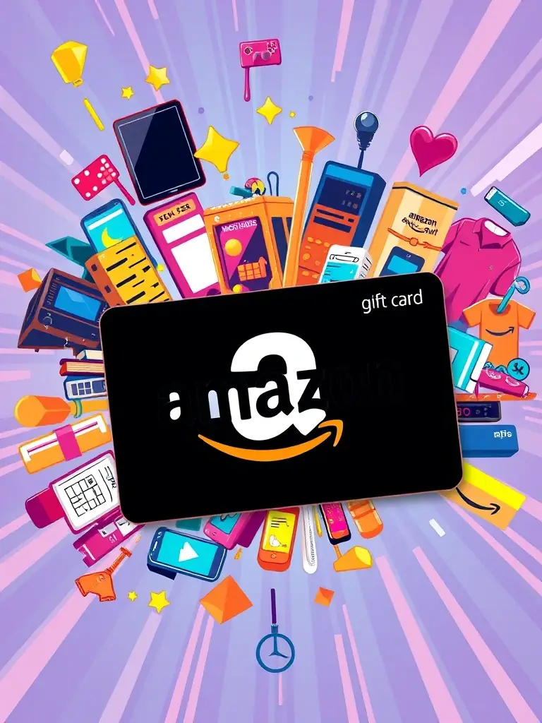 A vibrant image of an Amazon gift card, displaying the Amazon logo and a collage of various products available on the platform, such as electronics, books, and clothing.