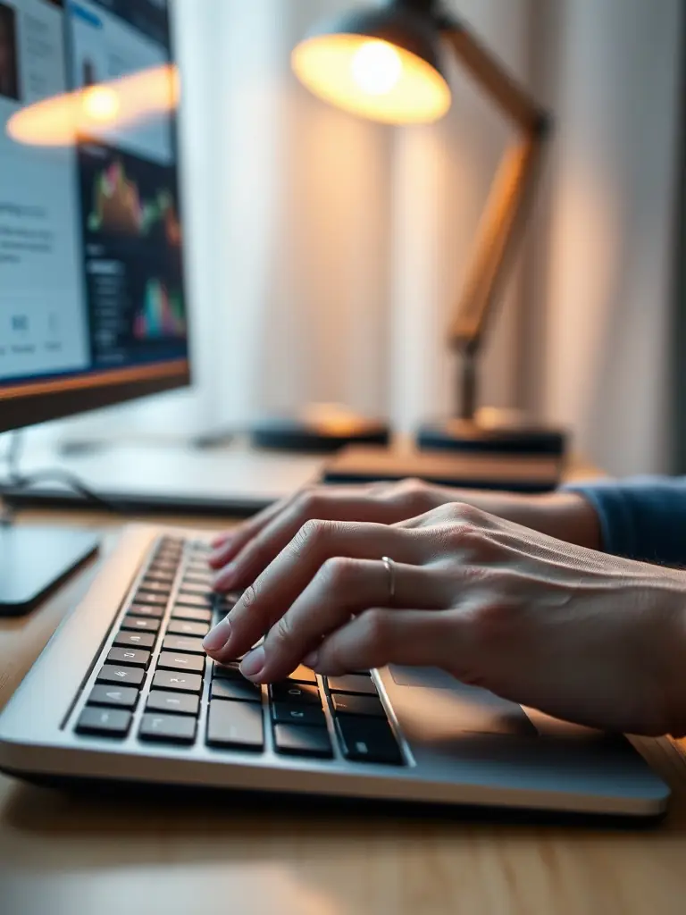 A close-up shot of a user's hands typing rapidly on a keyboard, with a blurred background showing the Prize Haven website interface.